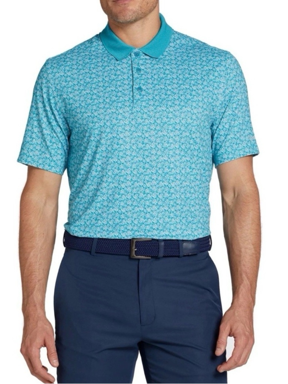 Walter Hagen Aqua Blue Dogwood Ditsy Performance Polo